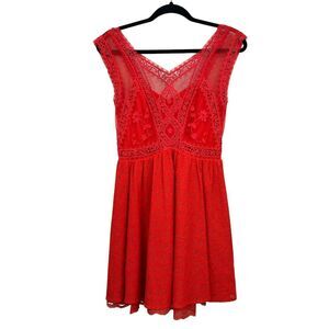 Free People Womens Fit & Flare Dress Floral Lace Sleeveless Sheer Overlay Red 4*